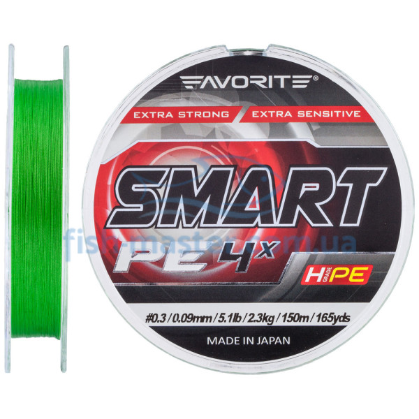 Шнур Favorite Smart PE 4x 150м (салат.) #0.3/0.09мм 2.3кг/5.1lb