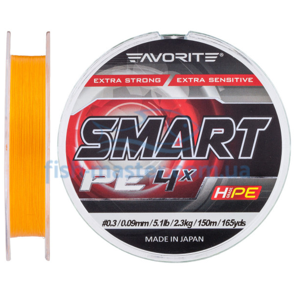 Шнур Favorite Smart PE 4x 150м (оранж.) #0.3/0.09мм 2.3кг/5.1lb