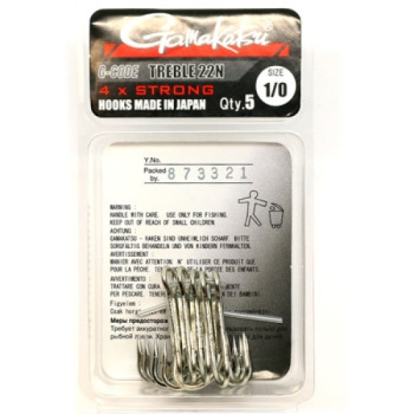 Крючок Gamakatsu тройной Treble 22  4x Strong Nickel #1/0 5шт