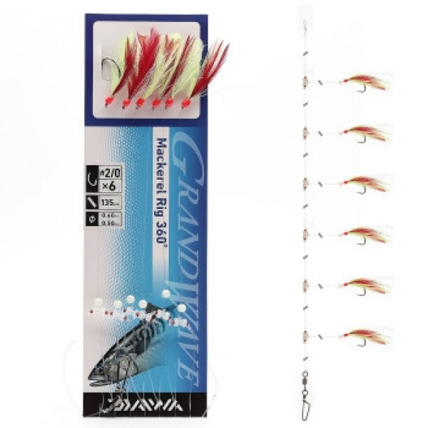 Оснастка Daiwa Grand Wave Mackerel Rig 360° 135cm 0.4/0.6mm #2/0 Red Yellow