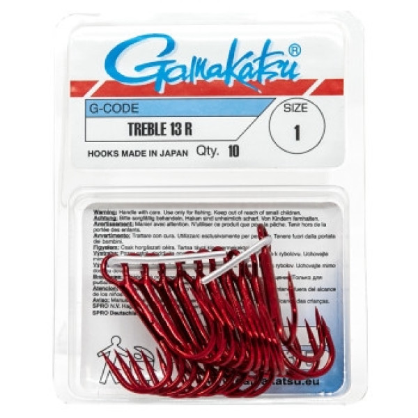 Крючок Gamakatsu тройной Treble 13R Red #1 10шт