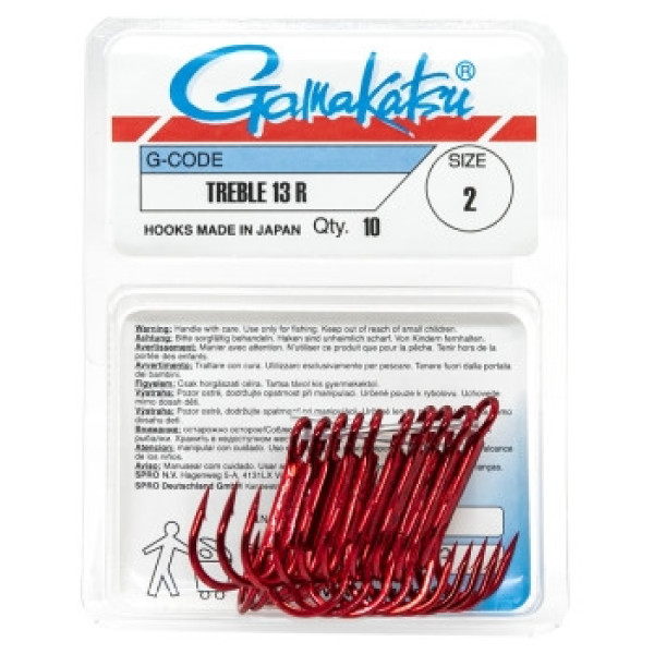 Крючок Gamakatsu тройной Treble 13R Red #2 10шт