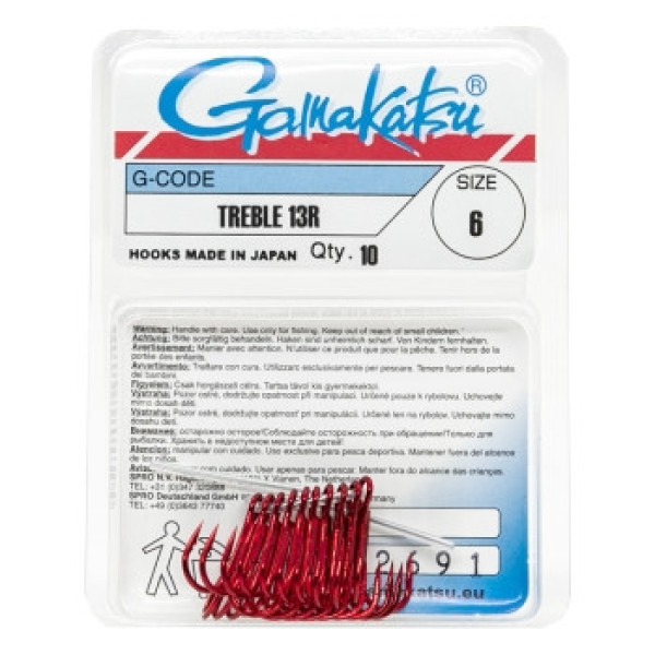 Крючок Gamakatsu тройной Treble 13R Red #6 10шт