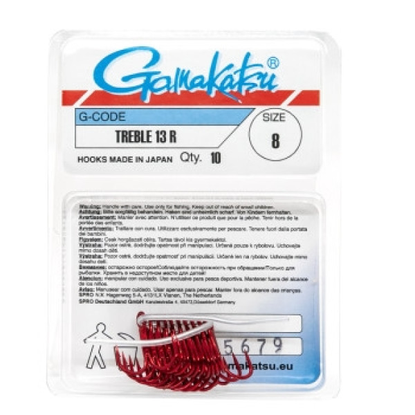 Крючок Gamakatsu тройной Treble 13R Red #8 10шт