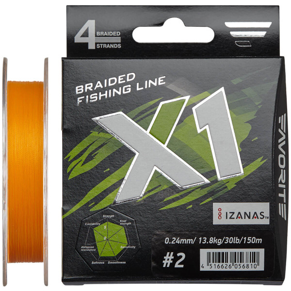 Шнур Favorite X1 PE 4x 150m (orange)  #2.0/0.240mm 30lb/13.8kg