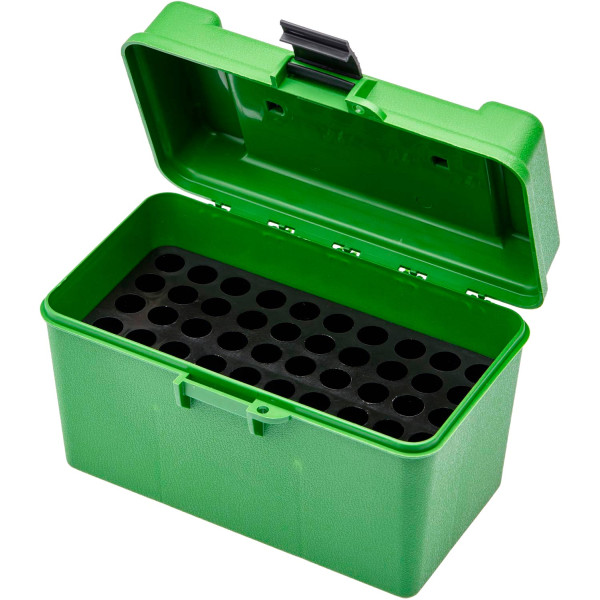 Коробка MTM H50-R-MAG на 50 патронов кал. 7mm Rem Mag; 30-30 Win; 300 Win Mag; 300 Wby Mag; 8x68 S; 338 Win Mag; 375 H&H Mag; 416 Rem Mag и 444 Marlin. Цвет – зеленый.