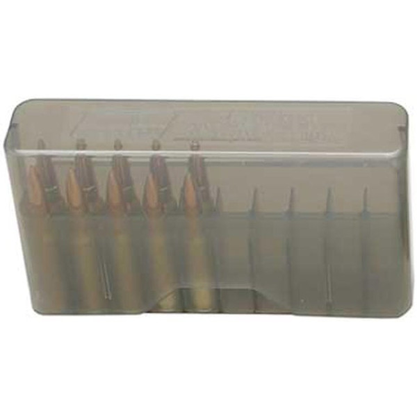 Коробка MTM J-20-M на 20 патронов кал. 219 Zipper; .22 BR; .224 Valkyrie; 6 mm BR Norma; 6,5x55; 7,62x39; 30-30 Win; 308 Win; 410/76. Цвет – дымчатый.