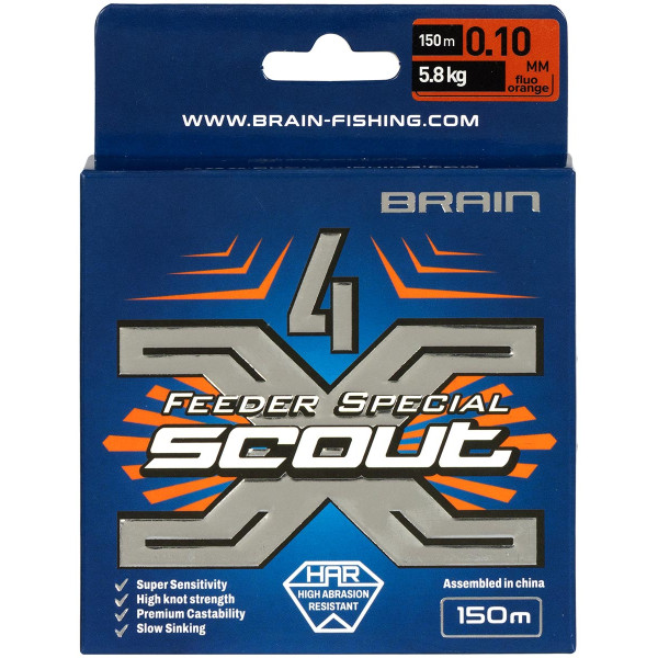Шнур Brain Scout 4X 150m (fluoro Orange) 0.100mm 5.8kg