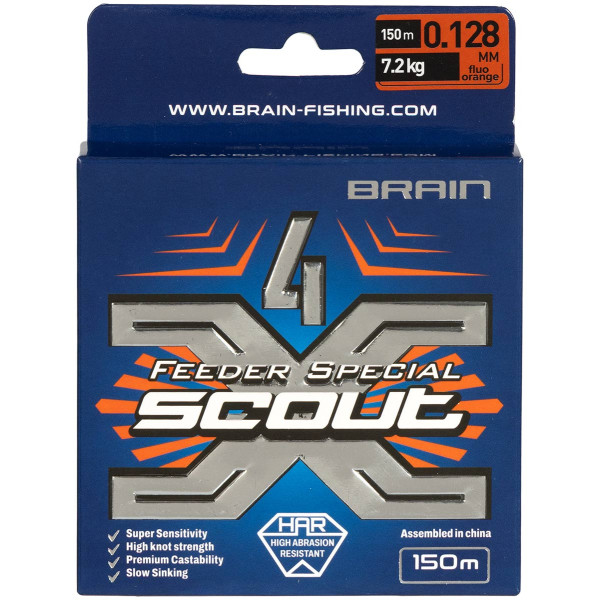 Шнур Brain Scout 4X 150m (fluoro Orange) 0.128mm 7.2kg