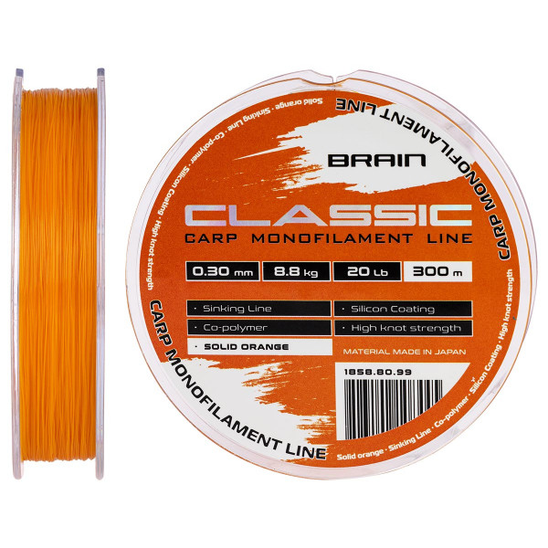 Леска Brain Classic Carp Line (solid orange) 300m 0.30mm 20lb 8.8kg