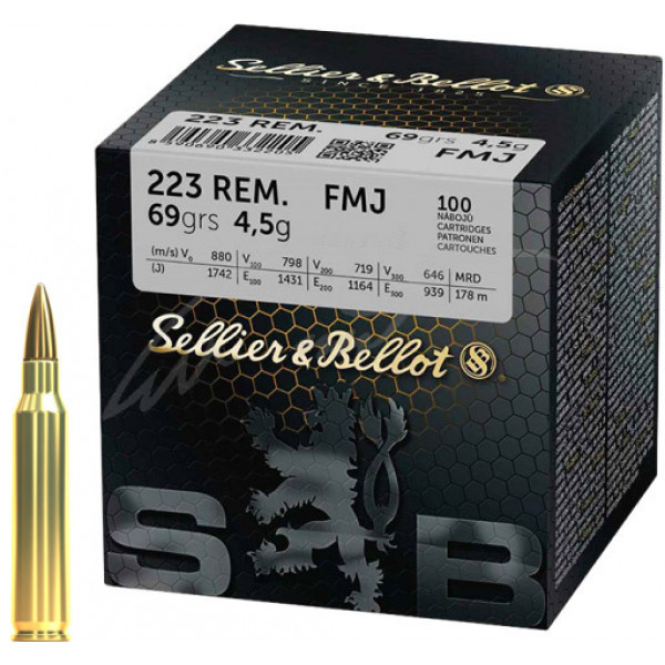 Патрон Sellier & Bellot кал. 223 Rem куля FMJ маса 4.5 г/ 69 гран. Поч. швидкість 880 м/с