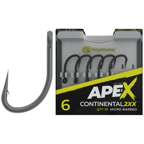 Крючок карповый RidgeMonkey Ape-X Continental 2XX с бородкой #4 (10 шт/уп)