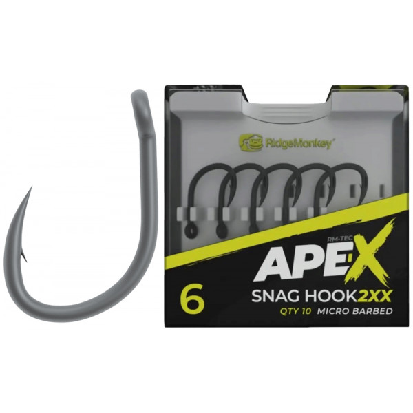 Крючок карповый RidgeMonkey Ape-X Snag Hook 2XX с бородкой #2 (10 шт/уп)